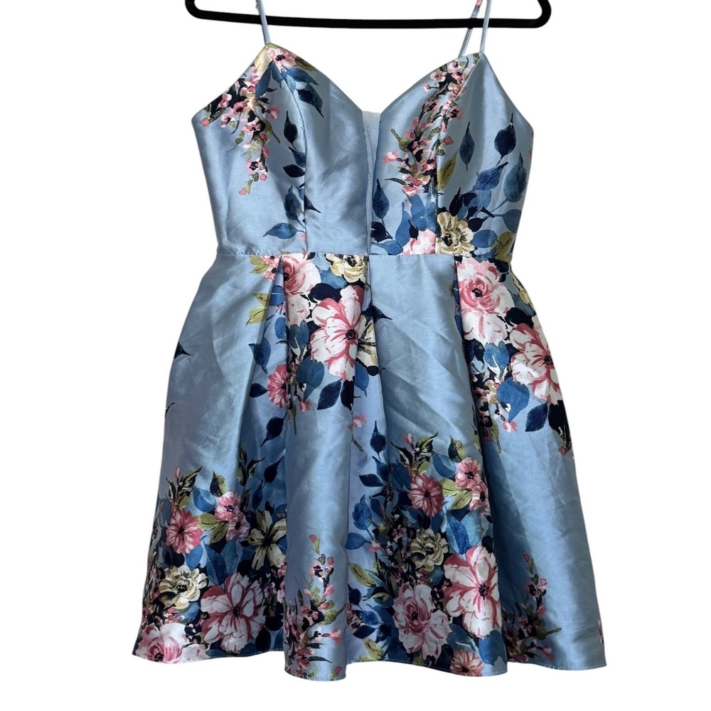 Light Blue Floral Satin A-Line Cocktail Dress V-Neck Pleated Coquette Ballerina
